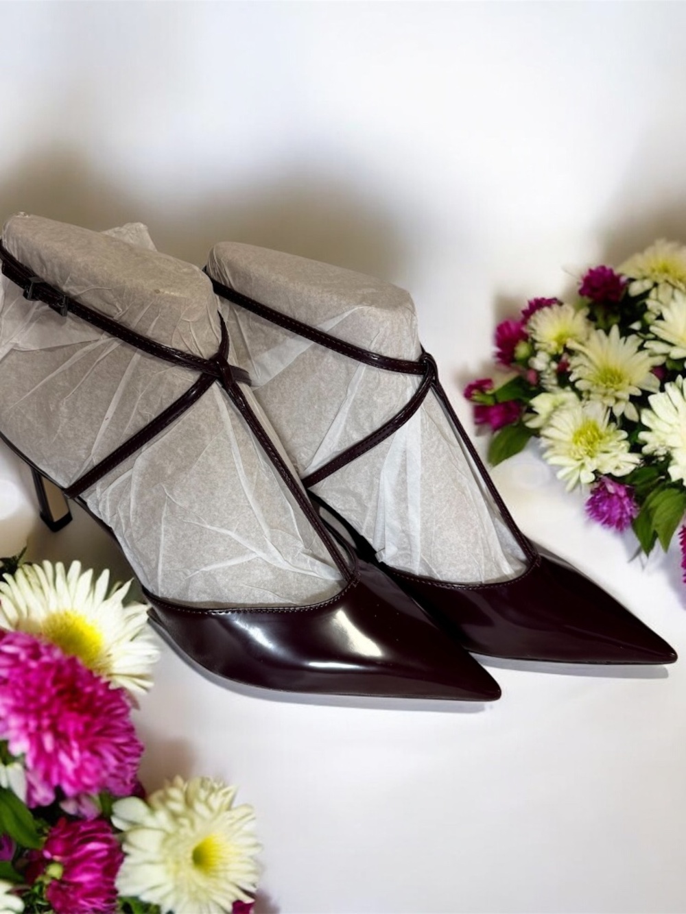 Calvin Klein Women’s 10M Burgundy Patent Pointed Toe Strappy Heels NIB